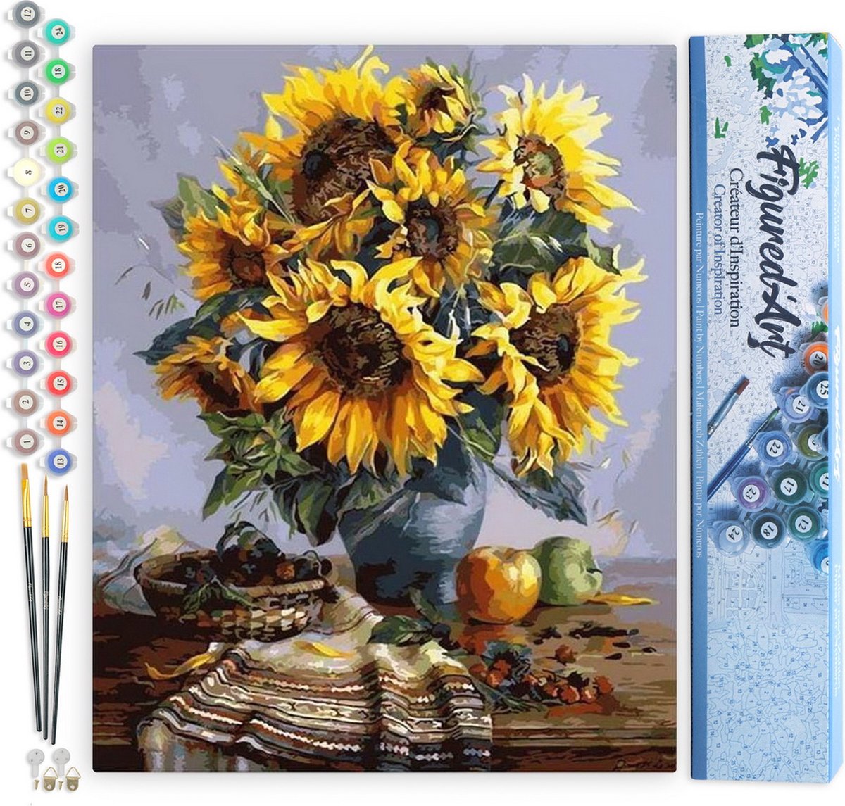 FiguredArt Schilderen op Nummer Volwassenen canvas Boeket zonnebloemen - Handwerk acrylverf Kit DIY Compleet - 40x50cm zonder frame